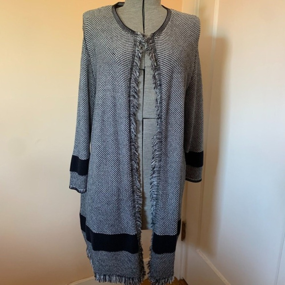 Kasper Black White Knit Fringe Open Front‎ Longline Cardigan Sweater Large